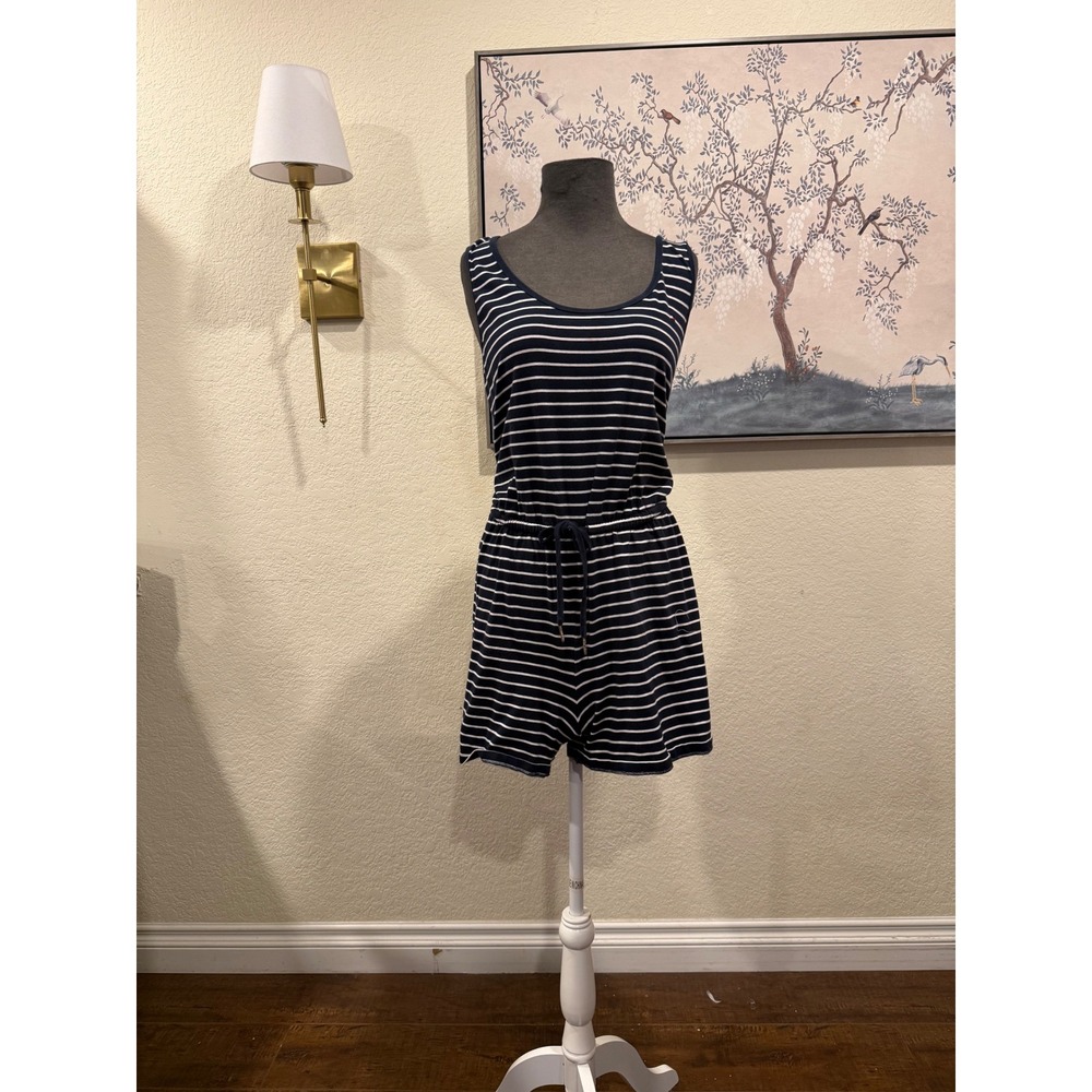 Tommy Hilfiger Womens Navy Blue White Striped Sleeveless Romper Size Large